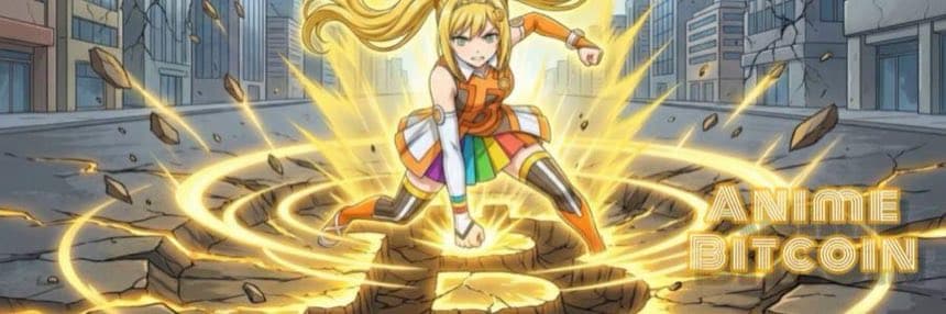 Anime Bitcoin mascot landing in a cracked street surrounded by golden aura
