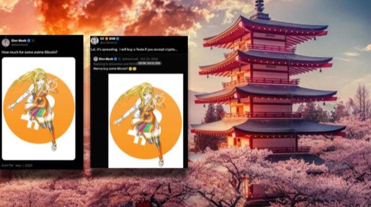 Screenshots of the original Elon Musk and CZ posts, over a sakura and pagoda background